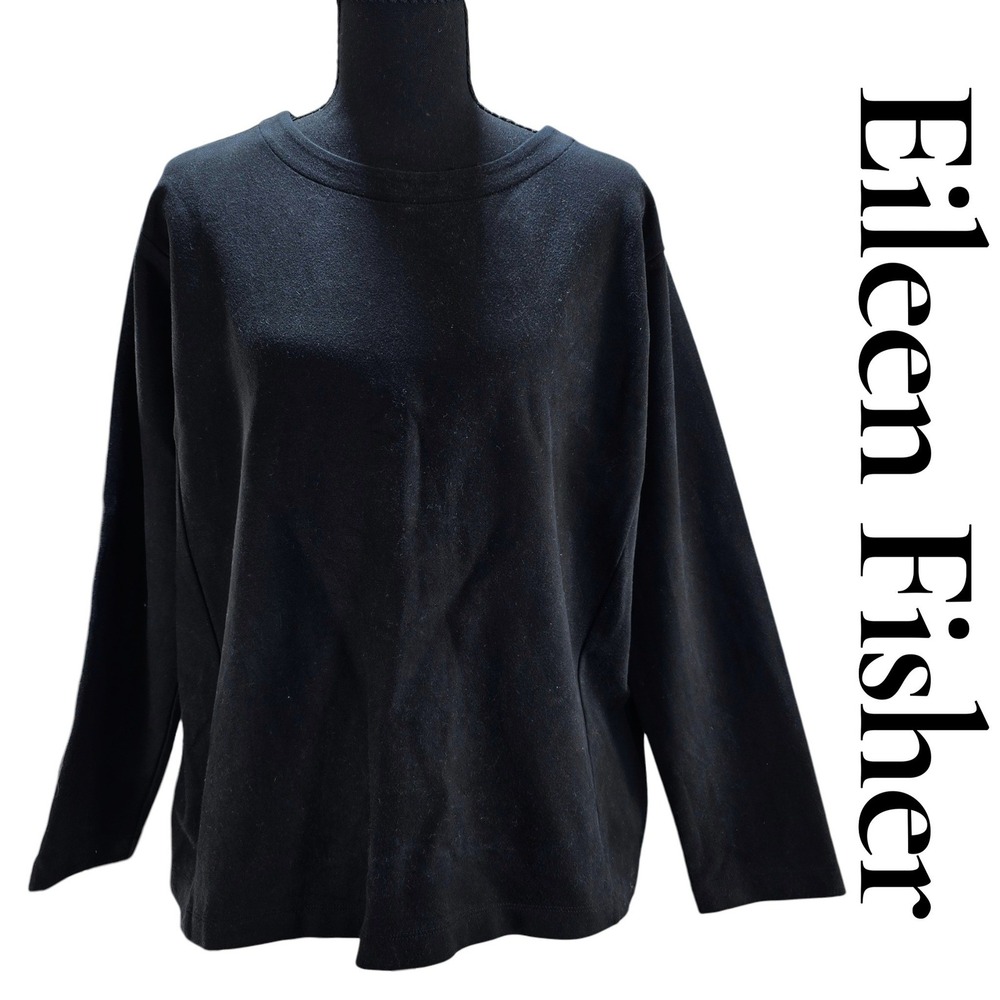 Eileen Fisher Top Womens Medium Black Stretch Knit Minimalist Long Sleeve Luxury